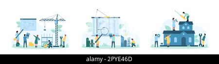 Architects job set set vector illustration. Cartoon tiny people draw blueprint, civil engineers working with pencil, magnifying glass and calculator on building project, construction team at work Stock Vector