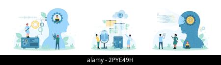 AI service and digital network technology set vector illustration. Cartoon tiny people work with computers, brain with artificial intelligence and circuit in human head, microphone and voice assistant Stock Vector