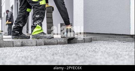 new sidewalk made of concrete interlocking paving blocks Stock Photo