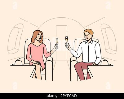 Happy couple cheers with champagne flying in private jet. Smiling successful man and woman drink on plane. Rich and wellness. Vector illustration. Stock Photo