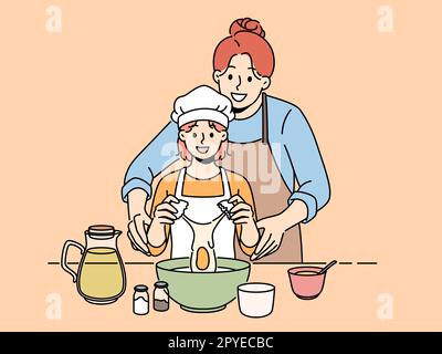 Smiling mother and little daughter cooking together at home. Happy mom learn baking with small girl child in kitchen. Family hobby. Vector illustratio Stock Photo