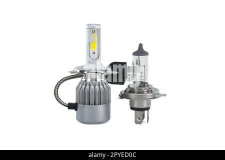 H4 halogen lamp and LED headlight bulb on white Stock Photo