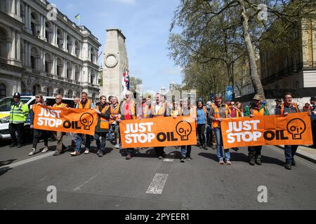London, UK. 03rd May, 2023. Protesters from Just Stop Oil group hold large banners as they take part in the slow march in Westminster, stopping the traffic on Whitehall. The group are demanding that UK government stops issuing new fossil fuel licences. Credit: SOPA Images Limited/Alamy Live News Stock Photo