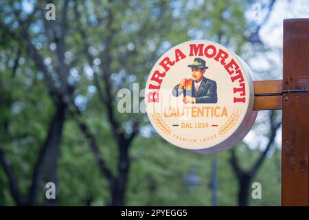 Bucharest, Romania - April 2023: Close up with a sign board with the italian brewing company Birra Moretti . Stock Photo