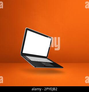 Blank computer laptop floating over an orange background. 3D isolated illustration. Square template Stock Photo