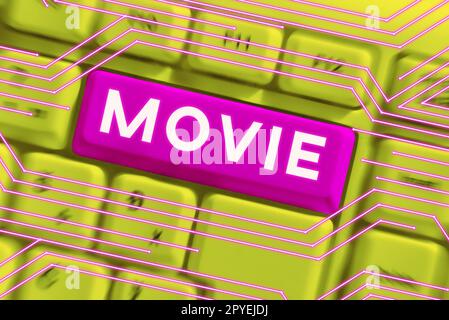 Hand writing sign Movie. Word Written on Cinema or television film Motion picture Video displayed on screen Stock Photo