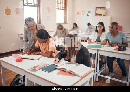 School, students and classroom with teacher help, answer and explain during lesson with young group. Education, study and elderly woman teaching, checking and showing and helping pupil textbook exam Stock Photo