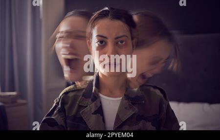 Bipolar, schizophrenia and military woman with PTSD, war stress and tired from mental health problem. Anxiety, screaming and portrait of a soldier with insomnia, trauma and angry from battle in home Stock Photo