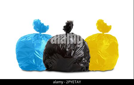 Three bags of rubbish, not recyclable, plastic and paper. Stock Photo