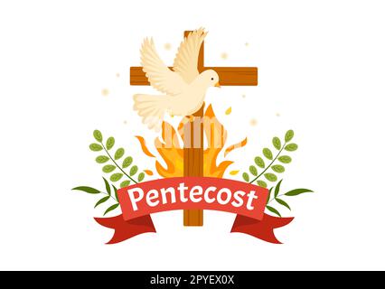 Pentecost Sunday Illustration with Flame and Holy Spirit Dove in Catholics or Christians Religious Culture Holiday Flat Cartoon Hand Drawn Templates Stock Photo