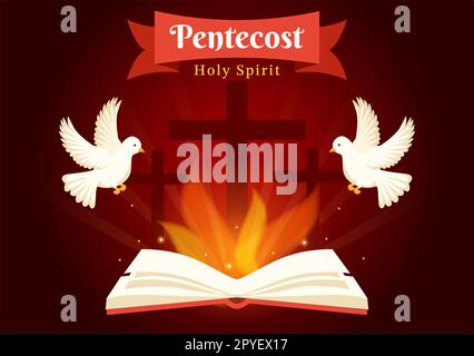 Pentecost Sunday Illustration with Flame and Holy Spirit Dove in Catholics or Christians Religious Culture Holiday Flat Cartoon Hand Drawn Templates Stock Photo