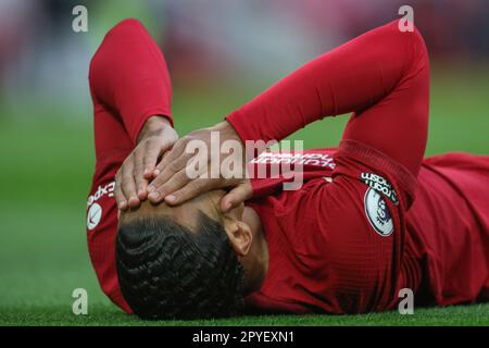 Virgil van Dijk of Liverpool goes forward with the ball during the ...