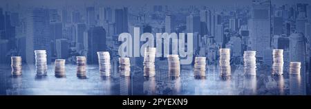 Towers of the coins on the abstract background. Stock Photo