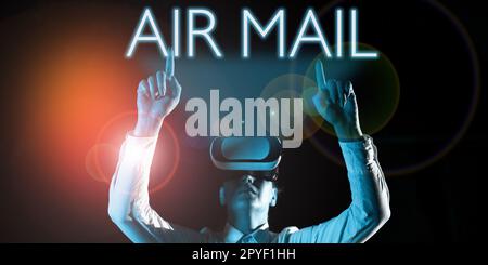 Text caption presenting Air Mail. Word for the bags of letters and packages that are transported by aircraft Stock Photo