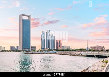 unique and contemporary designs of the skyscrapers in this photo define Abu Dhabi modern skyline. With each building competing in height and grace, it Stock Photo