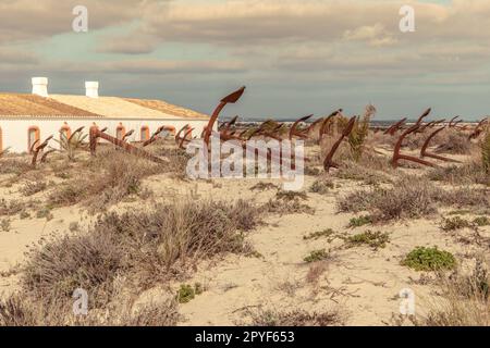 Cemetery of the old anchors of the former tuna fishing ships in the sand dunes on Barril beach Algarve Stock Photo