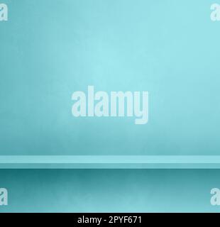 Empty shelf on an aqua blue concrete wall. Background template. Square mockup Stock Photo