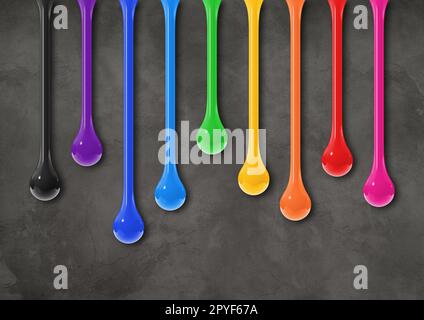 Colorful ink drops on dark concrete wall. Horizontal wallpaper Stock Photo