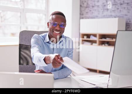 Payroll Cheque. Giving Paycheck Compensation Stock Photo