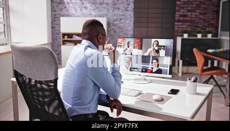 Virtual Video Conference Call Coffee Drinking Stock Photo