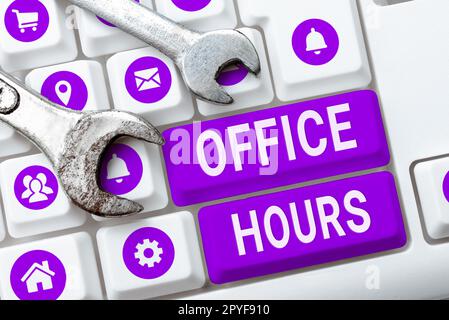 Text showing inspiration Office Hours. Word Written on The hours which business is normally conducted Working time Stock Photo