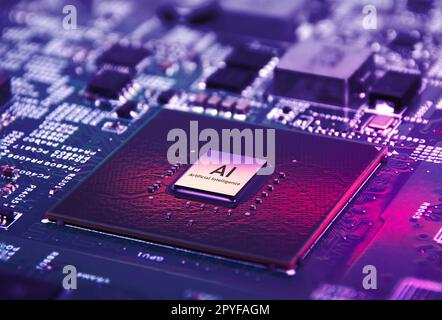 AI artificial intelligence concept, Close up of microprocessor on mainboard electronic computer background, Futuristic innovative technologies. Stock Photo