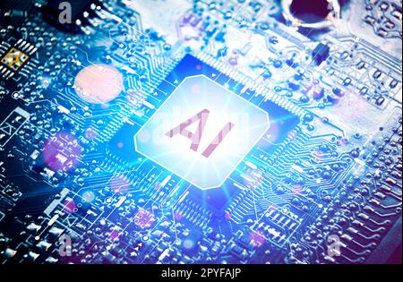 AI artificial intelligence concept, Close up of microprocessor with AI interface glowing on mainboard electronic computer background. Stock Photo