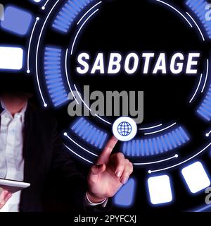 Text caption presenting Sabotage. Concept meaning destruction of an employer's tools and materials by workers Stock Photo