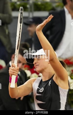 Madrid, Spain. 03rd May, 2023. Iga Swiatek of Poland celebrates winning her quarter final match against Petra Martic of Croatia at the Mutua Madrid Open at the Caja Magica stadium, in Madrid, Spain, on Wednesday, May 3, 2023. Photo by Paul Hanna/UPI Credit: UPI/Alamy Live News Stock Photo