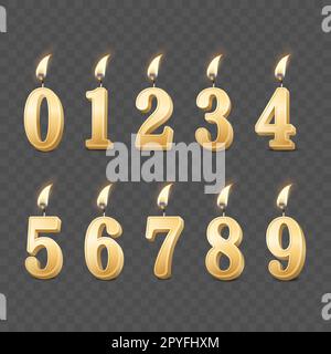 Vector 3d Realistic Paraffin or Wax Burning Yellow Golden Birthday Party Candles, Numbers and Different Flame of a Candle Icon Set Isolated. Design Te Stock Photo