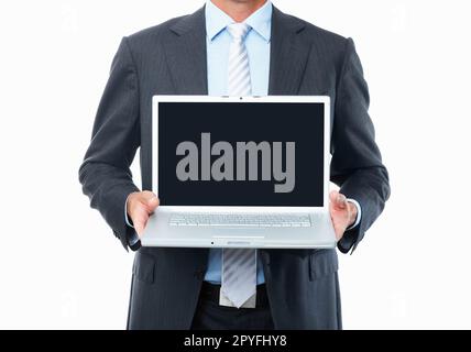Add your text here. Cropped view of business man presenting laptop on white background. Stock Photo