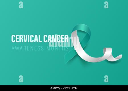 Cervical Cancer Banner, Card, Placard with Vector 3d Realistic Teal and White Ribbon on Teal Background. Cervical Cancer Awareness Month Symbol Closeu Stock Photo