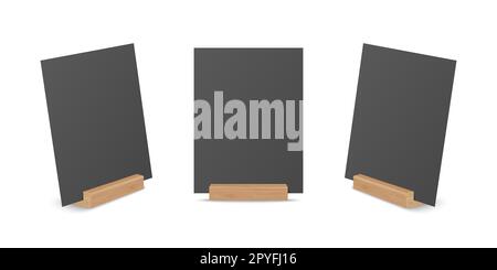Vector 3d Realistic Black A4 Empty Blank Paper Sheet, Card on Wooden Holder, Stand Icon Set Closeup Isolated. Design Template for Mockup, Menu Frame, Stock Photo