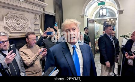Former US president Donald Trump speaks to reporters as he arrives at Trump International Golf Links & Hotel in Doonbeg, Co. Clare, during his visit to Ireland. Picture date: Wednesday May 3, 2023. Stock Photo