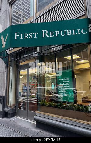 New York, United States. 02nd May, 2023. A First Republic Bank branch is open for business on Park Avenue and 51st Street in New York on May 2, 2023. On Monday, May 1st, the bank was taken over by the Federal Deposit Insurance Corporation (FDIC) and immediately sold to JPMorgan Chase. First Republic is the second-largest U.S. bank by assets to collapse after Washington Mutual, which failed during in 2008 and also acquired by JPMorgan Chase. (Photo by Samuel Rigelhaupt/Sipa USA) Credit: Sipa USA/Alamy Live News Stock Photo