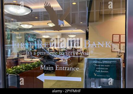 New York, United States. 02nd May, 2023. A First Republic Bank branch is open for business on Park Avenue and 51st Street in New York on May 2, 2023. On Monday, May 1st, the bank was taken over by the Federal Deposit Insurance Corporation (FDIC) and immediately sold to JPMorgan Chase. First Republic is the second-largest U.S. bank by assets to collapse after Washington Mutual, which failed during in 2008 and also acquired by JPMorgan Chase. (Photo by Samuel Rigelhaupt/Sipa USA) Credit: Sipa USA/Alamy Live News Stock Photo