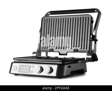 Modern electric grill with open lid on white background Stock Photo