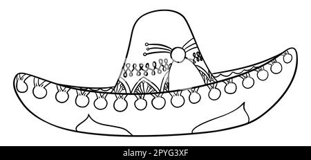 Mariachi hat or sombrero in outline and white color for coloring activities. Stock Vector