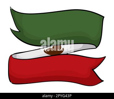 Folded tricolor ribbon with Mexican coat of arms in cartoon style. Stock Vector