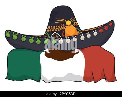 Black mariachi hat with colorful embroidery on Mexican flag in cartoon style. Stock Vector