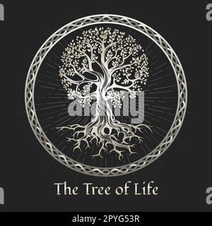 The Tree of Life in a Circle Frame Medieval Esoteric Emblem on Black Background. Vector illustration. Stock Vector