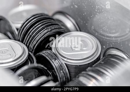 lids for beverage cans in a box in a brewery Stock Photo
