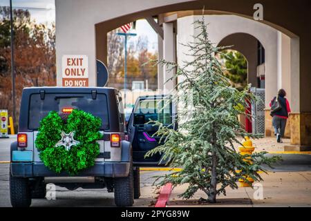 Sport Utility Vehicle with extra wheel wrapped in green tinsel for Christmas with door open parked by evergreen tree planted in sidewalk planter in sh Stock Photo