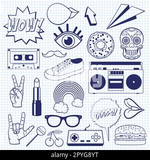 Retro cartoon icons on a squared notebook sheet. Sketch of vintage signs and symbols. Vector EPS8 illustration. Stock Photo