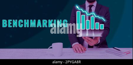Sign displaying Benchmarking, Business overview Evaluate something by ...