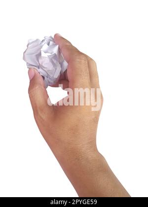 Paper ball in hand. Junk paper with wrinkled on a white background Stock Photo