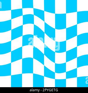 Distorted chessboard background. Checkered op illusion. Psychedelic pattern with warped blue and white squares. Trippy checkerboard surface in y2k Stock Vector