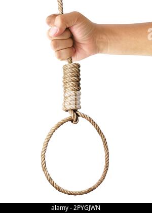 Man hand hold Loop, hemp rope on a white background Stock Photo