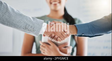 Teamwork, collaboration and business people handshake for partnership, b2b or hiring contract. Welcome, thank you and group, employees or workers shaking hands for onboarding, recruitment or deal. Stock Photo