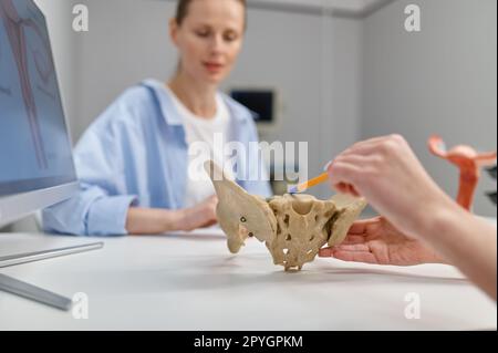 Closeup gynecologist showing structure of pelvis and pelvic floor to woman Stock Photo